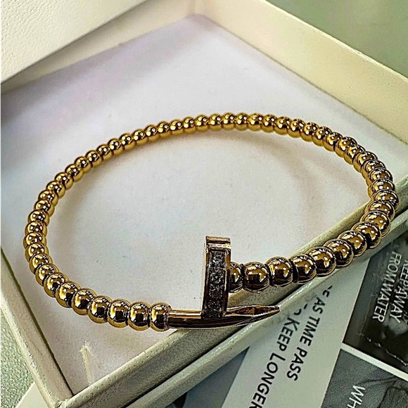 Gold Plated Beaded Nail Screw Tack Bangle Bracelet - Picture 3 of 6